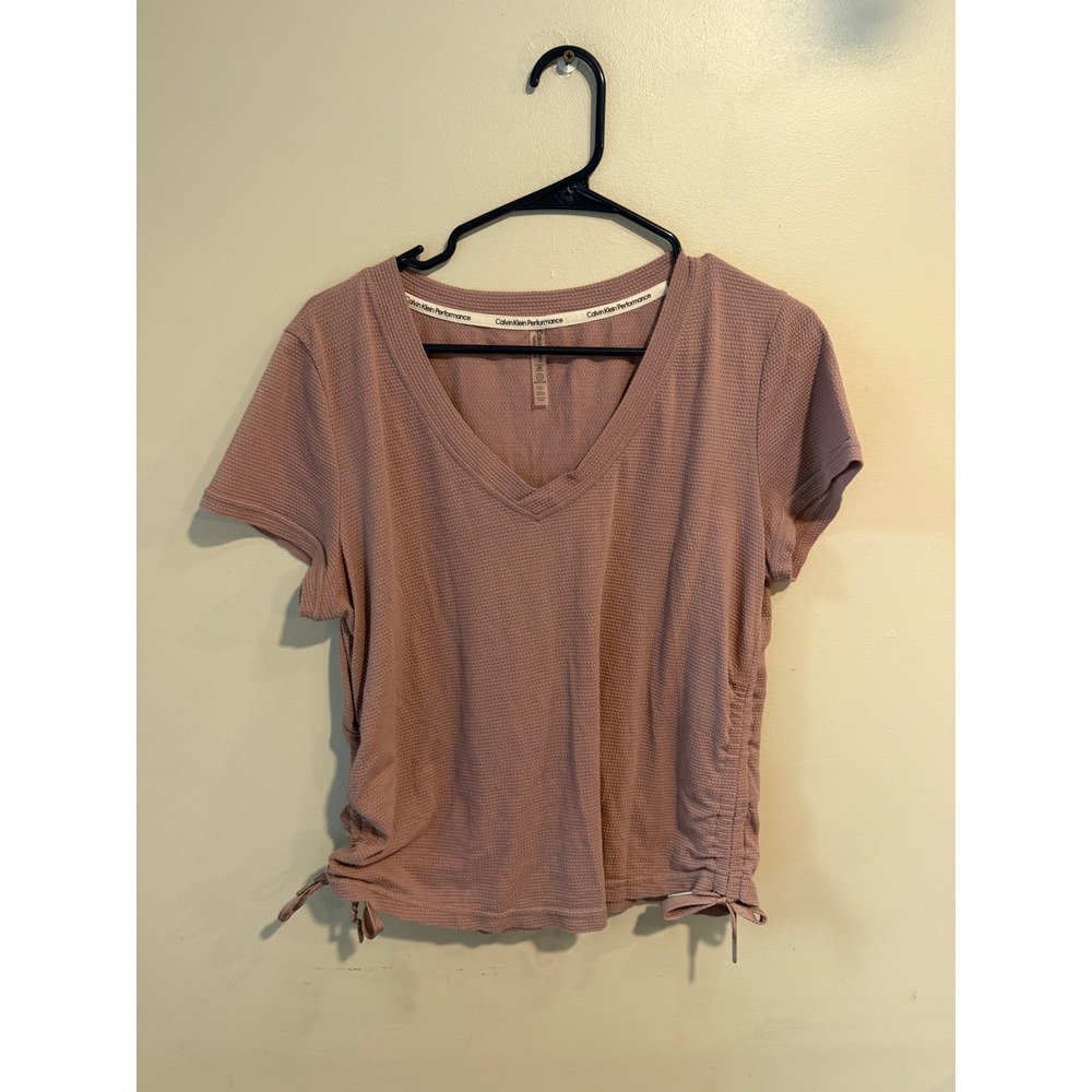 Calvin Klein Performance Womens Mauve Waffle Knit Ruched Side V-Neck Top Large